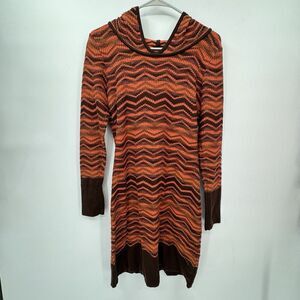 Breathe Small Sweater Dress Womens Orange Brown Chevron Zig Zag Hooded Knit